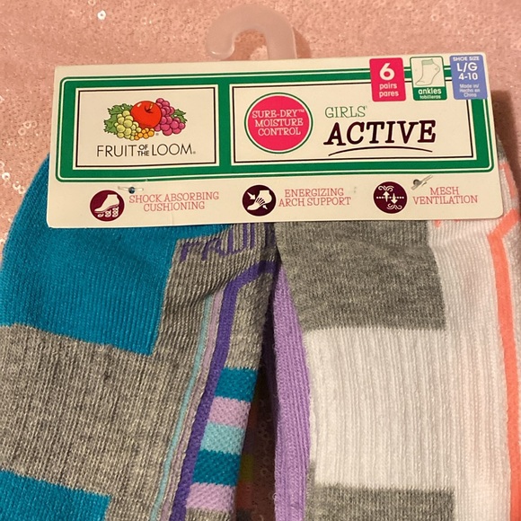 Fruit of the Loom girls 6 pairs ankles multicolor socks shoe size L 4-10 - Picture 4 of 11